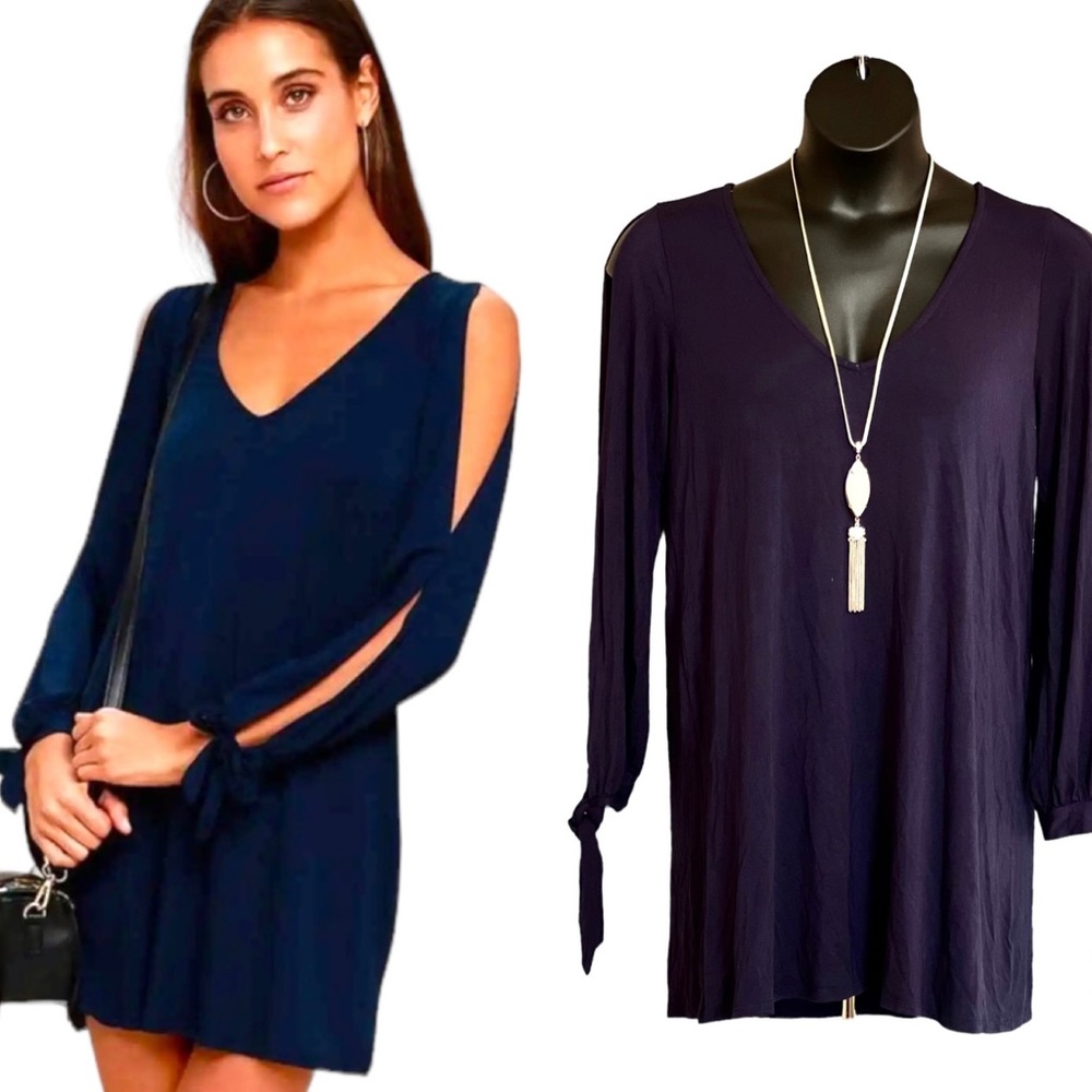 NWOT Lulus Glory Of Love Navy Blue Large Stretchy L/Slv Shift Dress